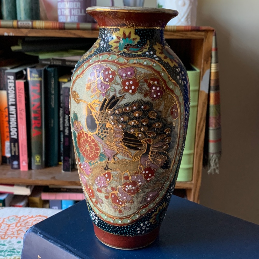 Vintage Japanese Satsuma Moriage Vase with Peacocks